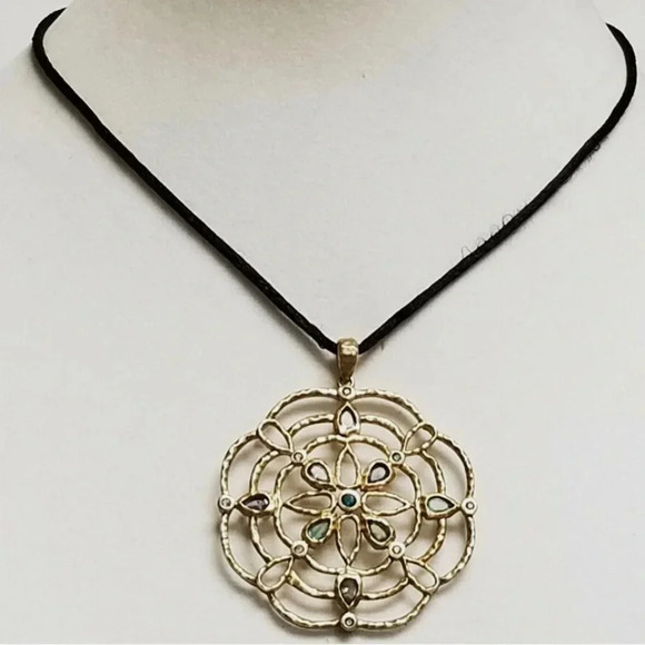 Ross Simons 925 Sterling Silver Gilt Vermeil FLOWER Pendant Necklace Black Cord - Picture 1 of 6